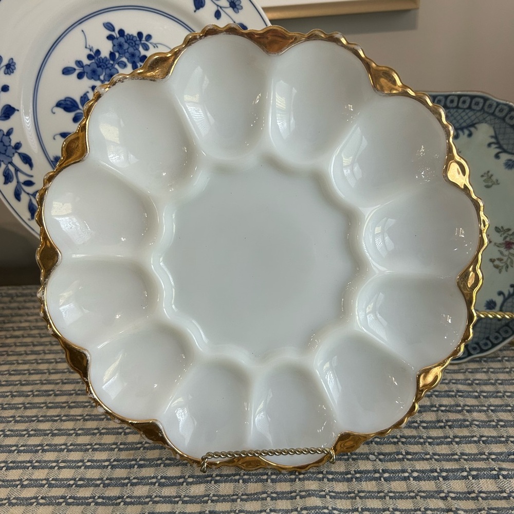 Vintage Anchor Hocking Gold Rim Milk Glass Egg Plate